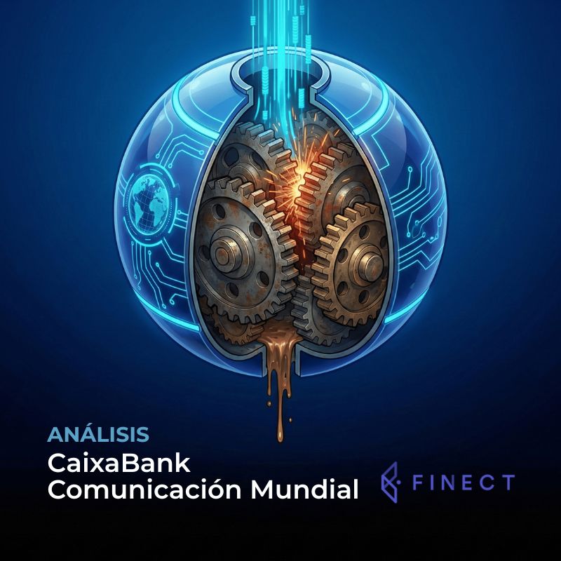 Portada del análisis del fondo CaixaBank Comunicación Mundial en Finect, ilustrado con una esfera tecnológica de engranajes atascados que representa la ineficiencia de sus altas comisiones.